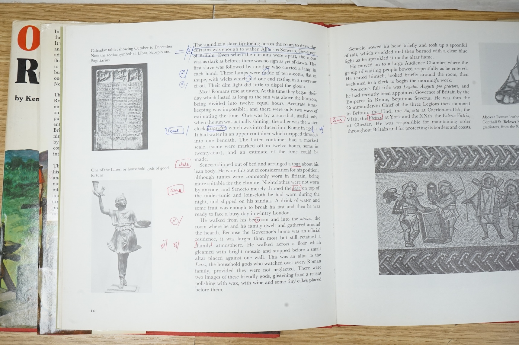 Peter Jackson (1922-2003), Illustrations from 'One day in Roman Britain' to include Portrait studies, Roman wall and Roman Baths, six watercolours, largest 34 x 71cm, unframed, together with two copies of the original bo
